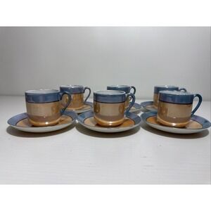 VTG Japan Blue & Peach Lusterware Demitasse Tea Cups & Saucers Set of 4 (8 Pcs.)